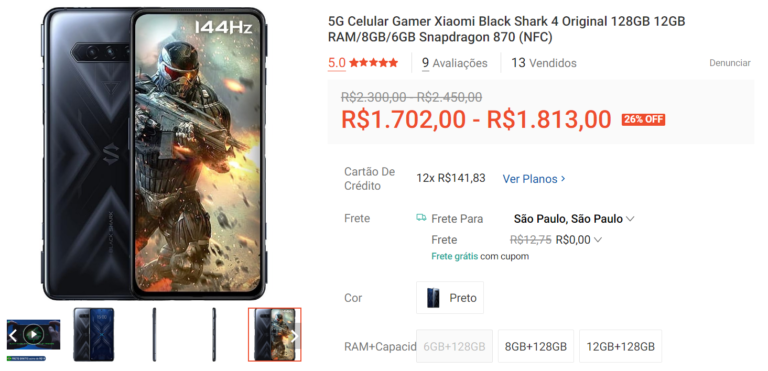 5G Celular Gamer Xiaomi Black Shark 4 Original 128GB 12GB